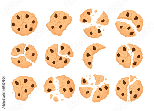 Broken oatmeal cookies. Cartoon crunchy vanilla biscuit pieces, bitten cookie crumbs. Сrumbled sweet cookies flat vector illustration set