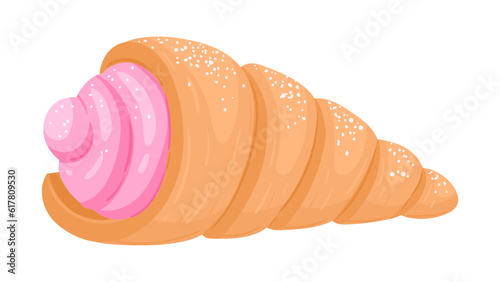 Puff pastry cream horn. Cartoon italian cream stuffed cannoncini, sweet cream homemade horn flat vector illustration