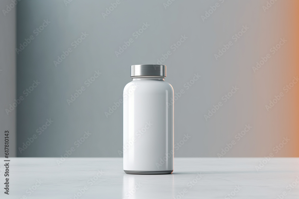 A white bottle sitting on top of a table. Generative AI. Blank supplement bottle mockup. A white bottle sitting on top of a table. Generative AI. Blank supplement bottle mockup.