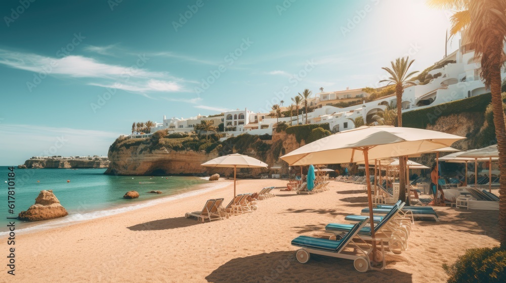 Obraz premium Oceanfront sand beach in a beautiful bay with sun loungers and umbrellas at sunset, wide angle