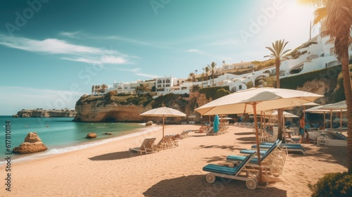 Oceanfront sand beach in a beautiful bay with sun loungers and umbrellas at sunset, wide angle