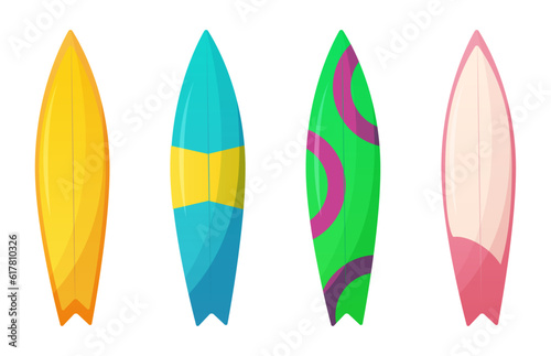 Colorful surfboards set. Summer leisure equipment.