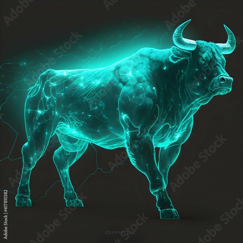 A teal green glowing muscular bull with an aura of atomic cosmic energy and glowing outlines parkour  © Elsa