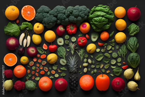 Fruits and vegetables. Flat lay, top view. Generative Artificial Intelligence. © Claudio Caridi