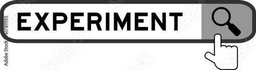 Search banner in word experiment with hand over magnifier icon on white background