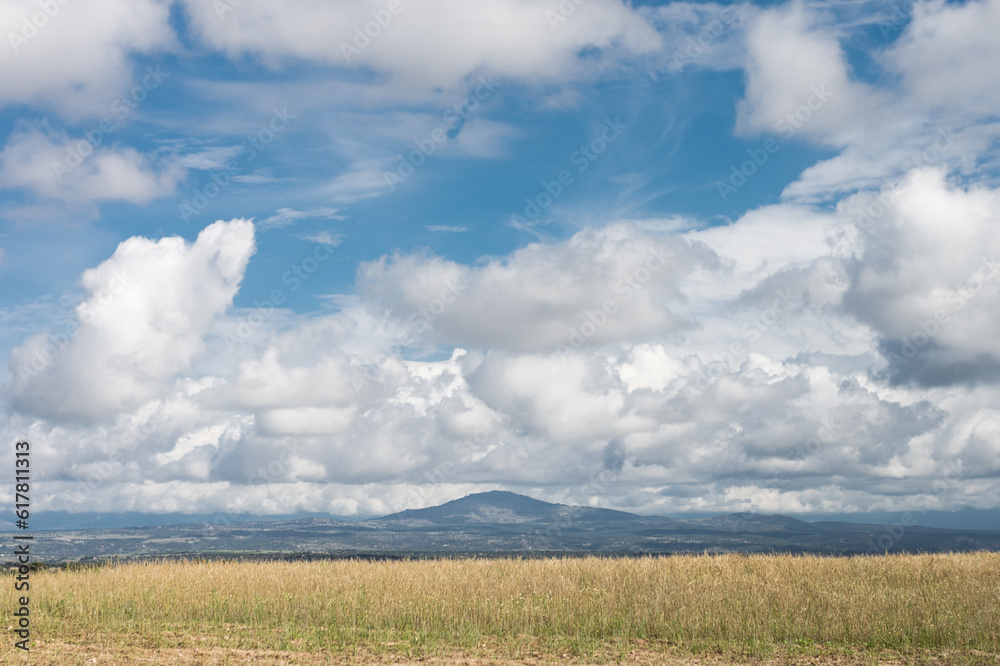 Captivating Landscape Photography: Majestic Mountain, Golden Wheat Fields, and Fluffy Clouds.