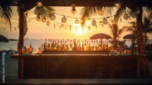 Bar on the beach at sunset, party, view from the bar to the beach and Palms. Cozy atmosphere, mocap