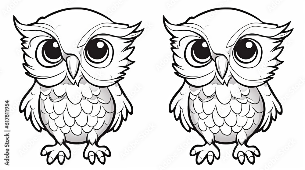 Fototapeta premium Children's coloring book with an owl, black and white graphics with a curly pattern. The development of motor skills of children with drawings. Generative AI
