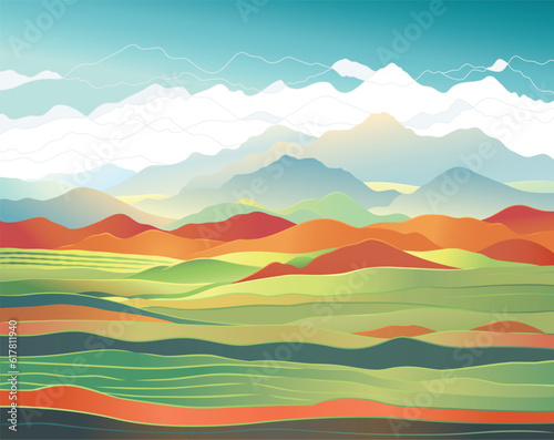 Decorative landscape, stylized mountainous background, compatible with graphic elements. Vector illustration. © Rustic