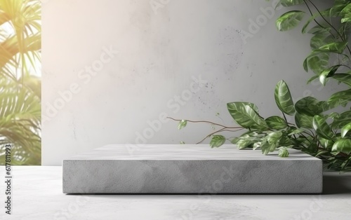 Cube podium with green plant leaves and jungle wood in sunlight background. 3d stage with white wall showcase, for beauty skincare technology products display.