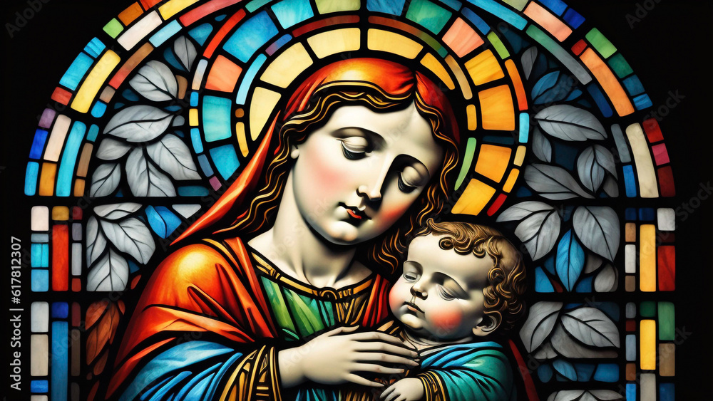 The Virgin Mary and baby Jesus depicted as stained glass windows in vibrant colors. AI Generated