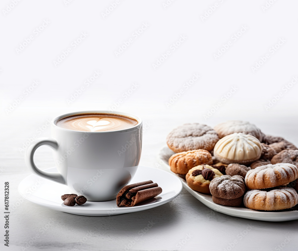 A cup of coffee and cookies on a plate. On a white background A cup of coffee and cookies on a plate. On a white background
