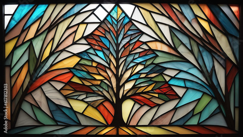 A Christmas tress depicted as a stained-glass window in vibrant colors. AI Generated