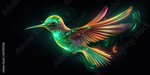 AI Generated. AI Generative. neon Illustration of calibri bird hummingbird. Animal wild life nature vibe decoration design art. Graphic Art