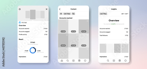 App statistics template. Social media data mock-up. Instagram blog insights of engagement of followers. Post photo and reel dashboard. Vector illustration.