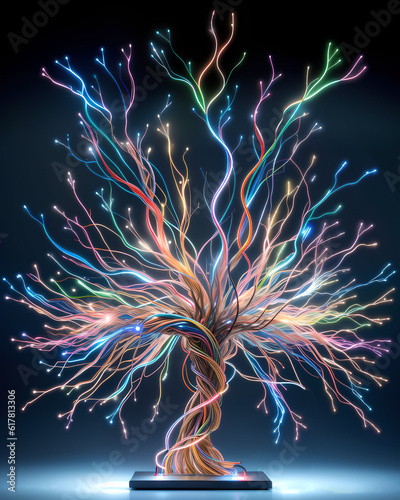 tree from electrical wires tangled and glow lamp. Generative AI