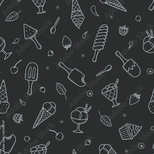 Seamless pattern Ice cream and berries set of doodle icons. Vector illustration of summer desserts popsicles, ice cream in waffle cones, strawberry cherry raspberry mint blueberry.