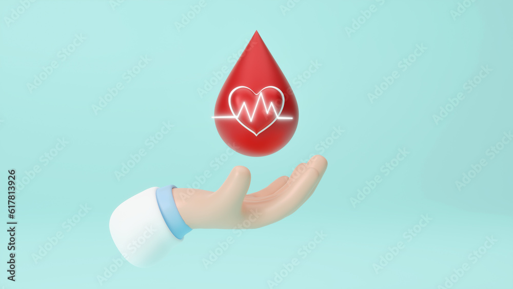 3D cartoon hand holding blood drop with red cross, blood donation ...