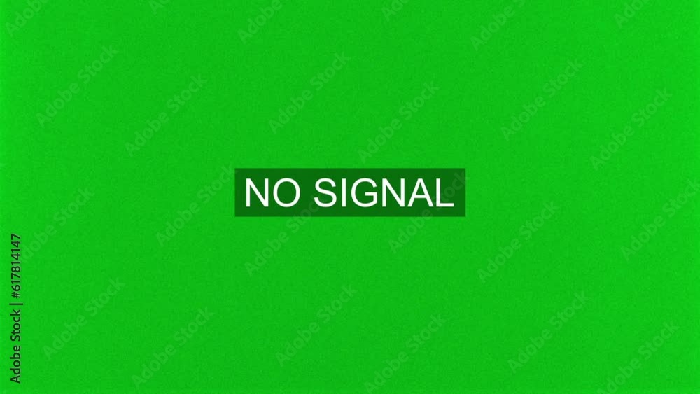 Green screen of a television with jumping text 'NO SIGNAL' in VHS style
