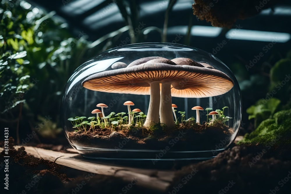 A mushroom with a glass greenhouse cap that is full of plants / Ai Generated wallpaper/background