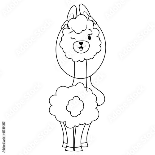 Cute fluffy alpaca with headphones in contour line for coloring photo