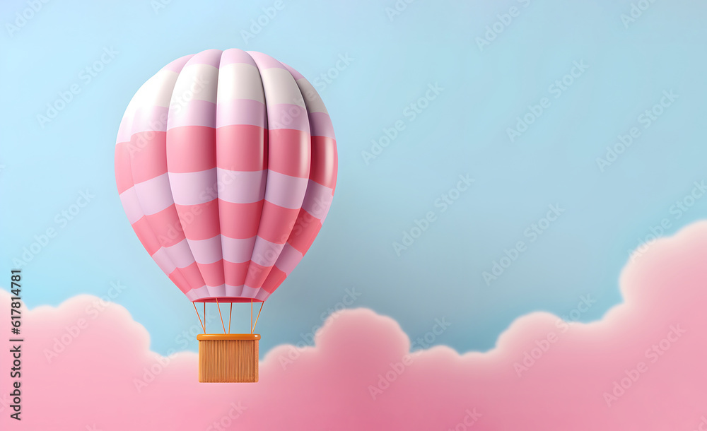 Hot air balloon flies on light background with pink clouds in the blue sky. Bubblegum colors postcard, copy space. Generative AI