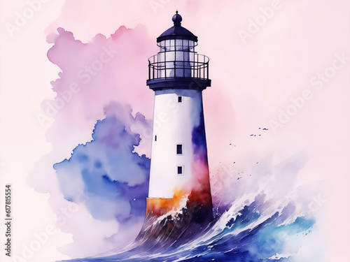 Watercolor Lighthouse Illustration with Stormy Sea and Crashing Waves. Aquarelle Style Design with Paint Splash on Nautical Theme for Poster, Banner, Invitation, Greeting Card or Cover. Ai Generated.