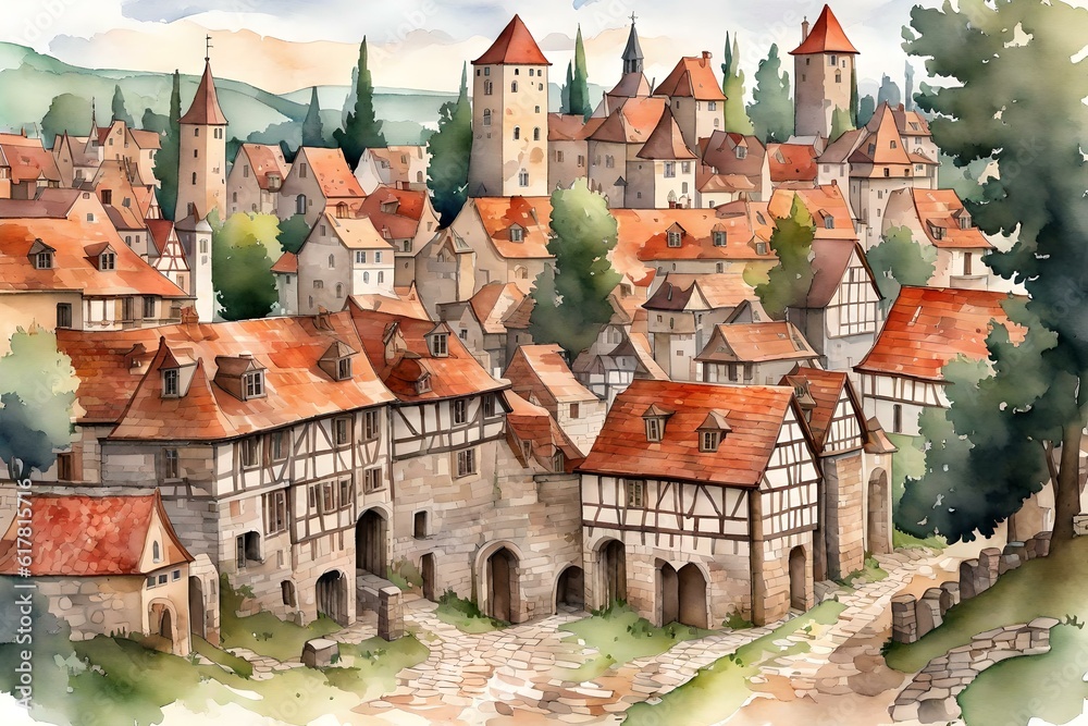 Watercolor illustration of a medieval village - Generative AI