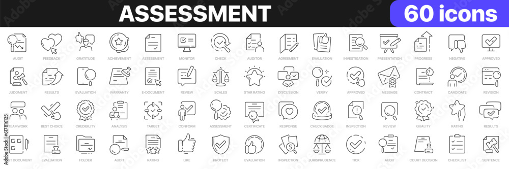 Assessment line icons collection. Evaluation, feedback, warranty, audit, justice icons. UI icon set. Thin outline icons pack. Vector illustration EPS10 Assessment line icons collection. Evaluation, feedback, warranty, audit, justice icons. UI icon set. Thin outline icons pack. Vector illustration EPS10