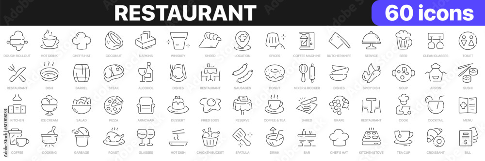 Restaurant line icons collection. Food, service, bar, alcohol icons. UI icon set. Thin outline icons pack. Vector illustration EPS10