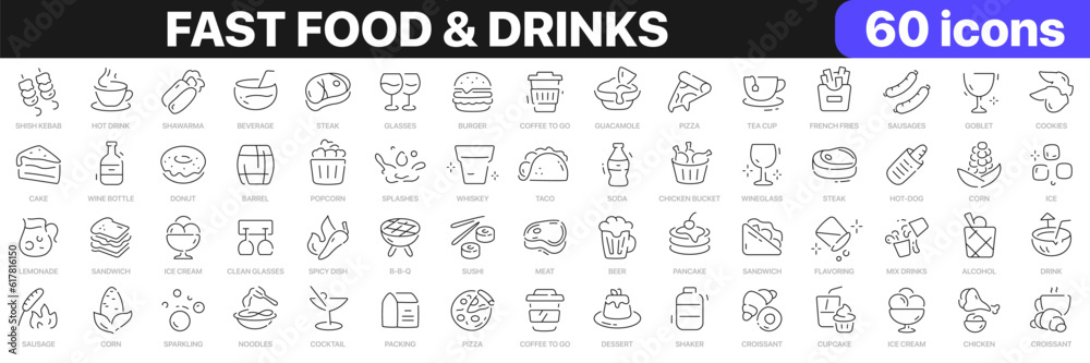 Fast food and drinks line icons collection. Bar, restaurant, food icons. UI icon set. Thin outline icons pack. Vector illustration EPS10