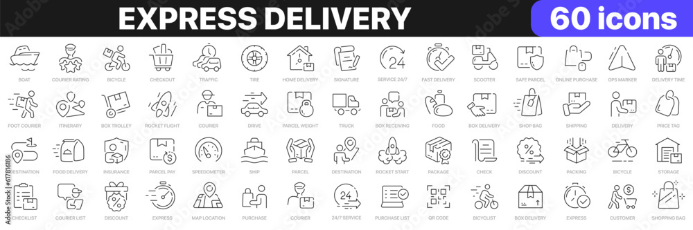 Express delivery line icons collection. Logistics, courier, transport, parcel icons. UI icon set. Thin outline icons pack. Vector illustration EPS10 Express delivery line icons collection. Logistics, courier, transport, parcel icons. UI icon set. Thin outline icons pack. Vector illustration EPS10