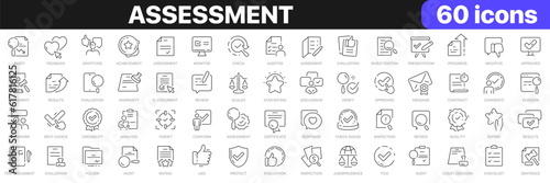 Assessment line icons collection. Evaluation, feedback, warranty, audit, justice icons. UI icon set. Thin outline icons pack. Vector illustration EPS10