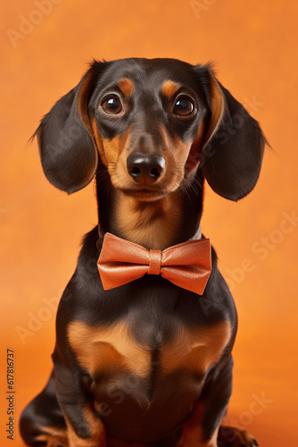 Dachshund dog with bowtie on orange background.