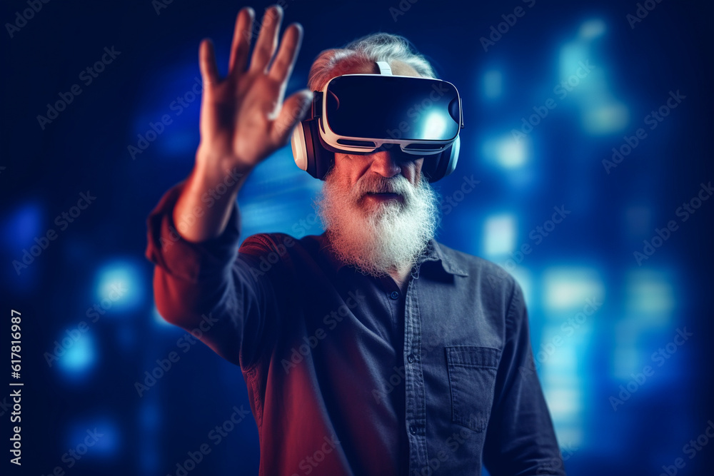 Generative AI image senior bearded man in VR goggles interacting with cyberspace while raising hand against blurred background Generative AI image senior bearded man in VR goggles interacting with cyberspace while raising hand against blurred background