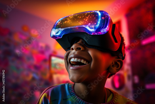 Generative AI image of cheerful child and VR goggles smiling while standing against in the colorful bedroom photo