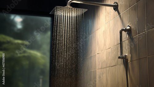 Rainshower modern design.Water flowing from shower, close up. Modern bathroom interior. Chrome shower head with splashing water. Modern shower head. Shower in bathroom with water drops flowing.