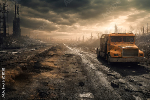 Generative AI illustration of damaged truck on grunge road in post apocalyptic outskirts under gloomy sky photo