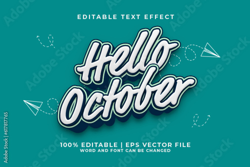 Hello October 3d Editable Text Effect Cartoon Style Premium Vector