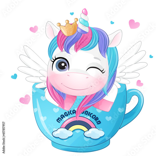 Cute unicorn in a cup watercolor illustration
