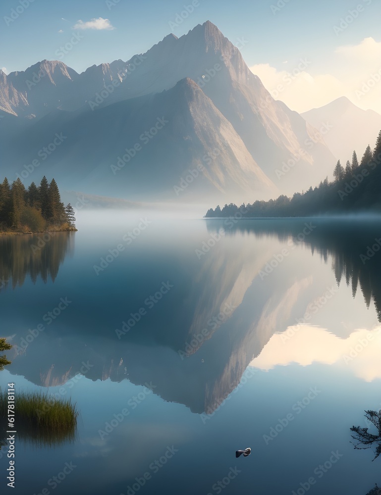 calm lake nestled amidst misty mountains