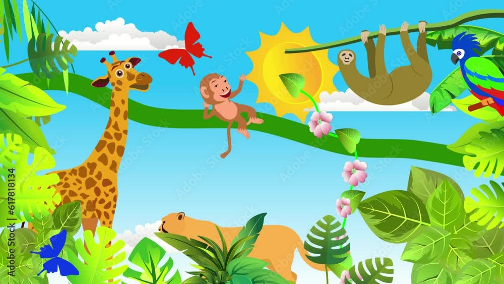 custom made wallpaper toronto digitalJungle scene animation. giraffe. monkey. parrot and elephant 2d animation green plants.