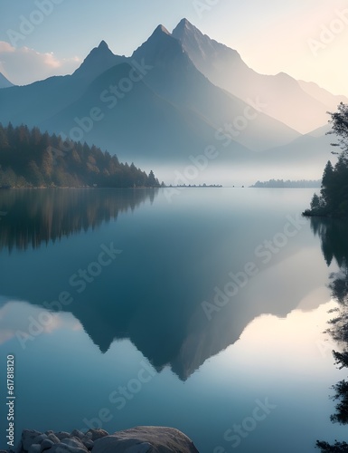 calm lake nestled amidst misty mountains