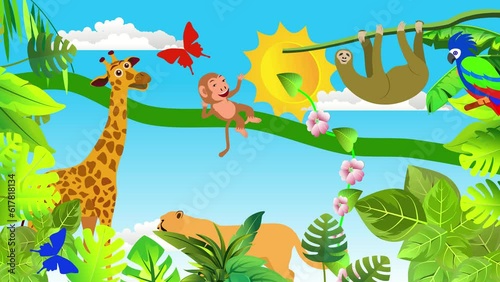 Wallpaper Mural Jungle scene animation. giraffe. monkey. parrot and elephant 2d animation green plants. Torontodigital.ca