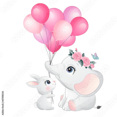 Cute elephant and rabbit with balloon watercolor illustration © MagicalPlanet