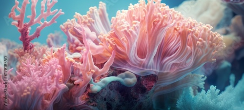 Coral reef ocean sea water background - Closeup of beautiful colorful corals underwater (Generative Ai) © Corri Seizinger