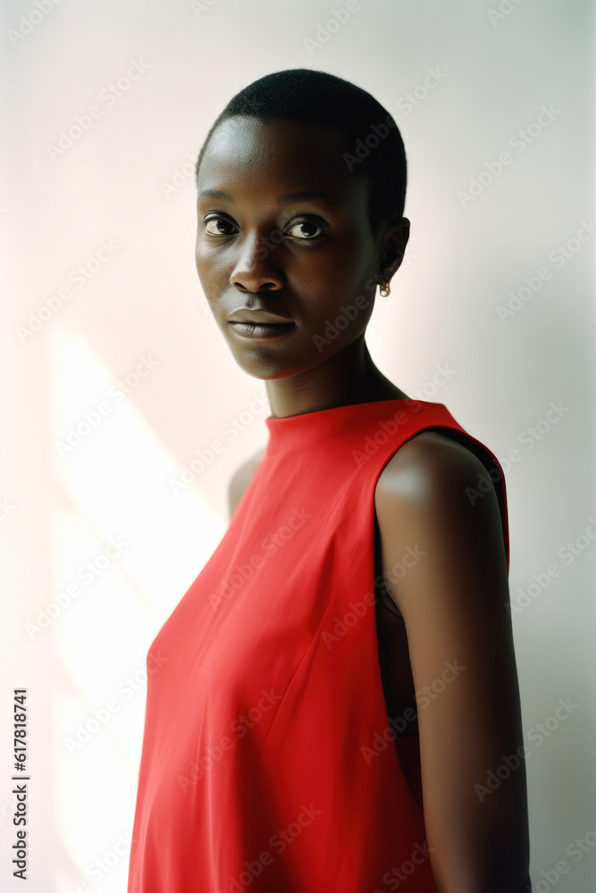 Generative AI illustration of young African American woman with shaved head in bright red dress looking away Generative AI illustration of young African American woman with shaved head in bright red dress looking away