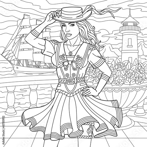 Beautiful summer lady on the floral quay. Adult coloring book page with intricate ornament.