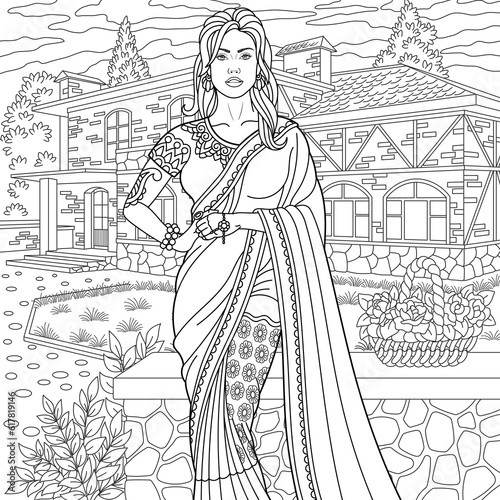 Beautiful young Indian woman in sari dress. Adult coloring book page with intricate ornament.