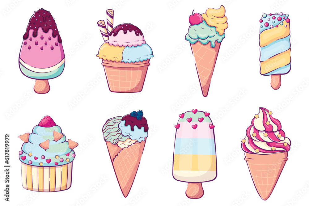 Collection of cartoon doodle ice cream. Pastel colors. Vector illustration of cute food Collection of cartoon doodle ice cream. Pastel colors. Vector illustration of cute food